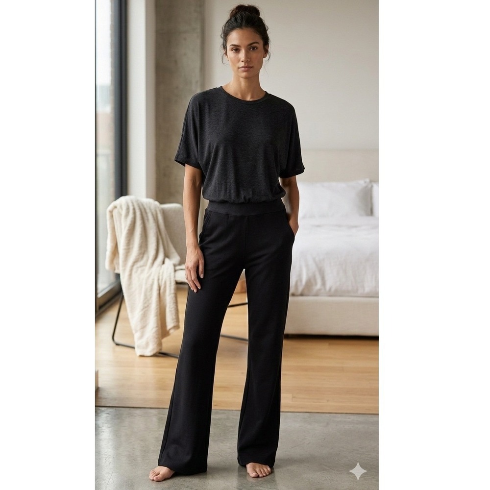 Monrow Womens XS Black Charcoal Short Sleeve‎ Wide Leg Jumpsuit HR0063